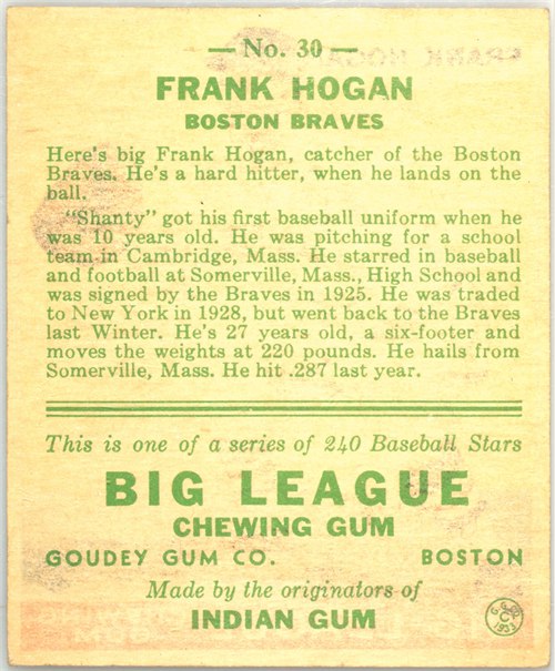 1933 Goudey #30 Shanty Hogan card back