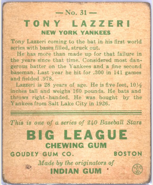 1933 Goudey #31 Tony Lazzeri card back