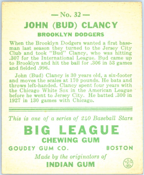 1933 Goudey #32 Bud Clancy card back