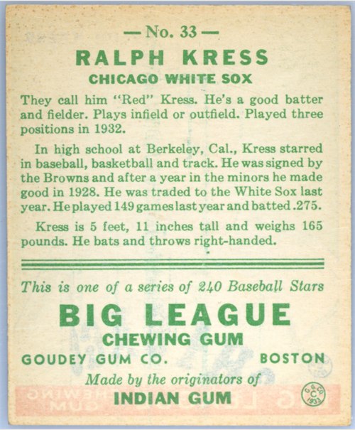 1933 Goudey #33 Red Kress card back