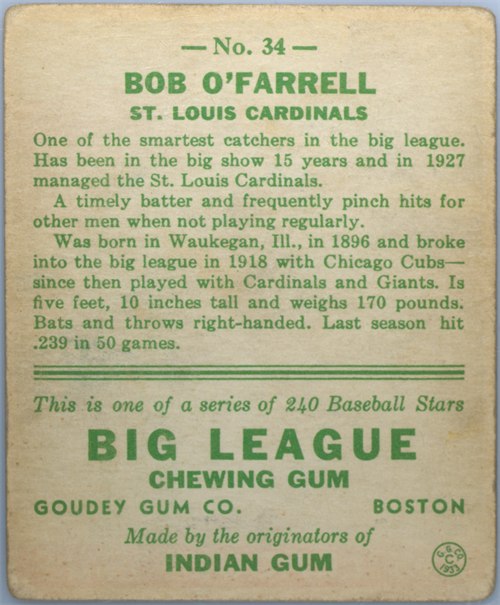 1933 Goudey #34 Bob O'Farrell card back