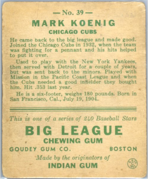 1933 Goudey #39 Mark Koenig card back