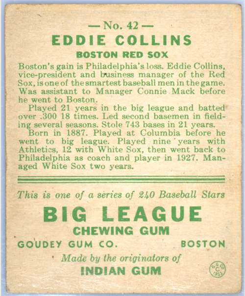 1933 Goudey #42 Eddie Collins card back