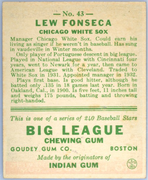 1933 Goudey #43 Lew Fonseca card back