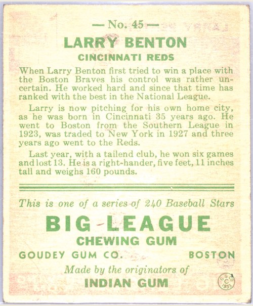 1933 Goudey #45 Larry Benton card back