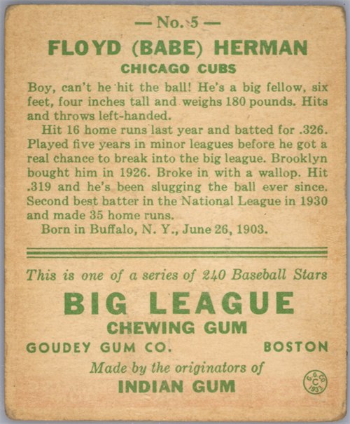 1933 Goudey #5 Babe Herman card back