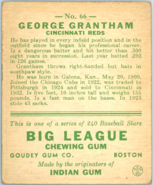 1933 Goudey #66 George Grantham card back