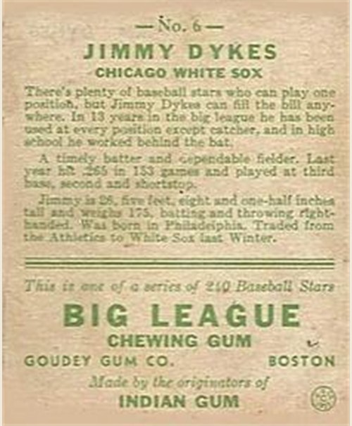 1933 Goudey #6a Jimmy Dykes card back