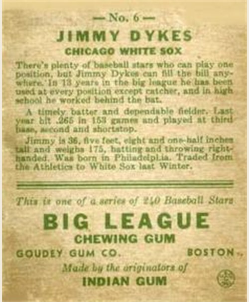 1933 Goudey #6b Jimmy Dykes card back