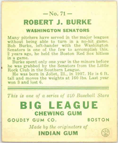 1933 Goudey #71 Bobby Burke card back