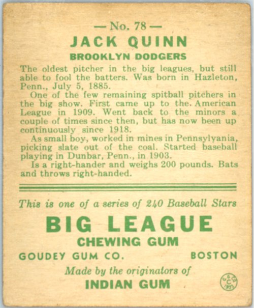 1933 Goudey #78 Jack Quinn card back