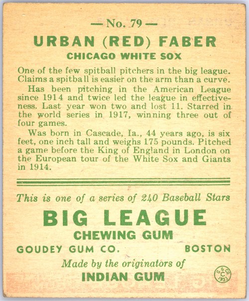 1933 Goudey #79 Red Faber card back