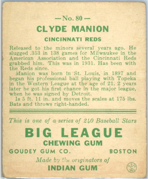 1933 Goudey #80 Clyde Manion card back