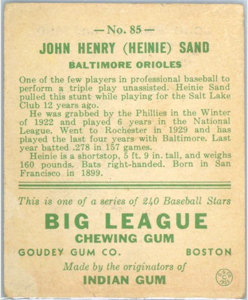 1933 Goudey #85 Heinie Sand card back