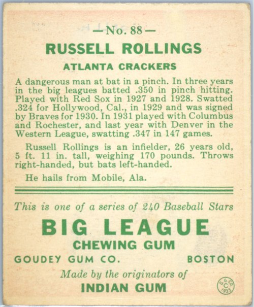 1933 Goudey #88 Russell Rollings card back