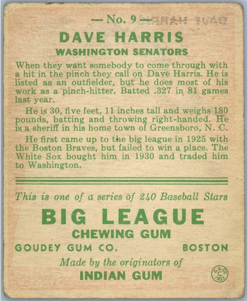 1933 Goudey #9 Dave Harris card back