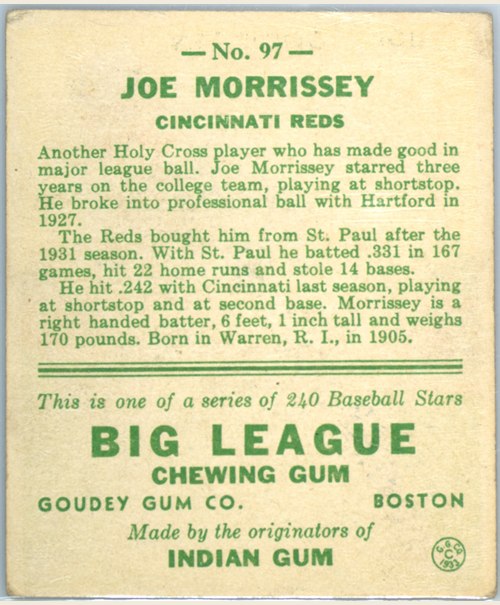 1933 Goudey #97 Joe Morrissey card back