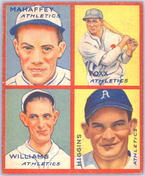 1935 Goudey 4-in-1 #20 Roy Mahaffey / Jimmie Foxx / Dib Williams / Pinky Higgins, Philadelphia Athletics