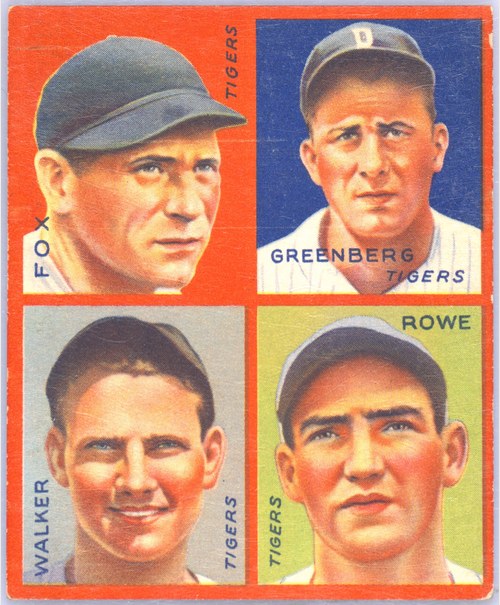 1935 Goudey 4-in-1 #9 Pete Fox / Hank Greenberg / Gee Walker / Schoolboy Rowe, Detroit Tigers