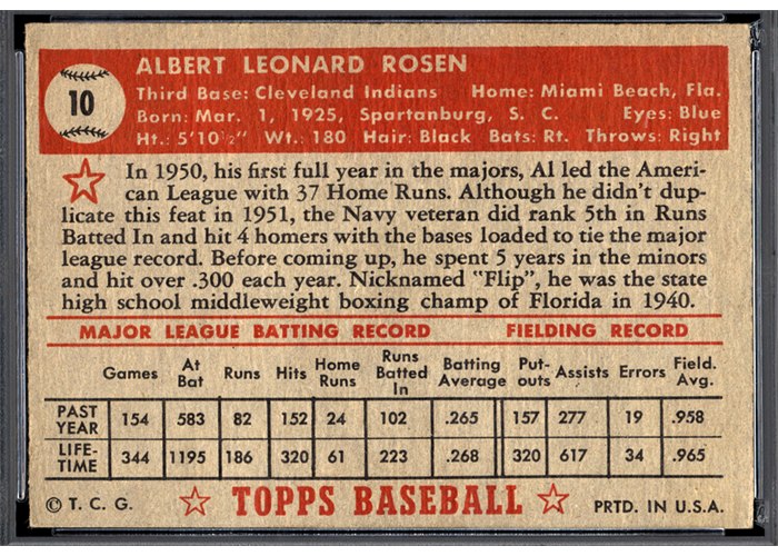 1952 Topps #10 Al Rosen (back)