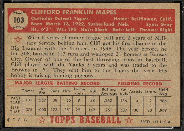 1952 Topps #103 Cliff Mapes (back)