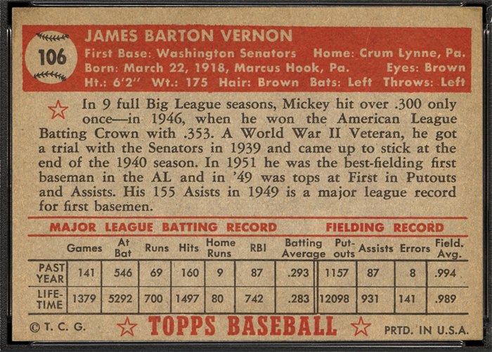 1952 Topps #106 Mickey Vernon (back)