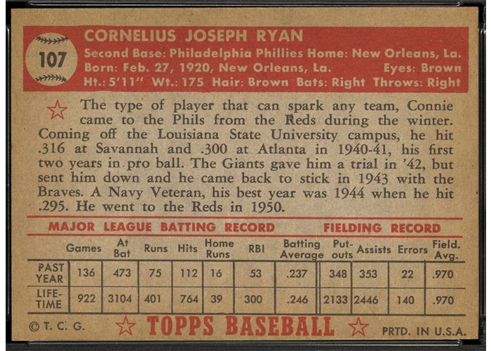 1952 Topps #107 Connie Ryan (back)