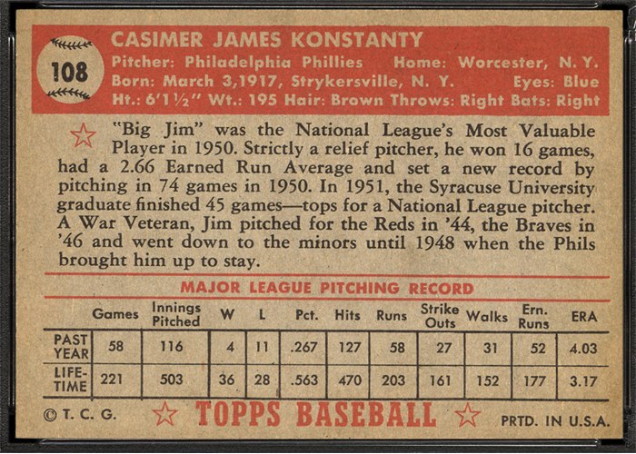 1952 Topps #108 Jim Konstanty (back)