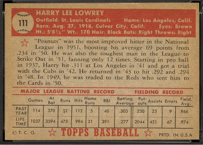 1952 Topps #111 Peanuts Lowrey (back)