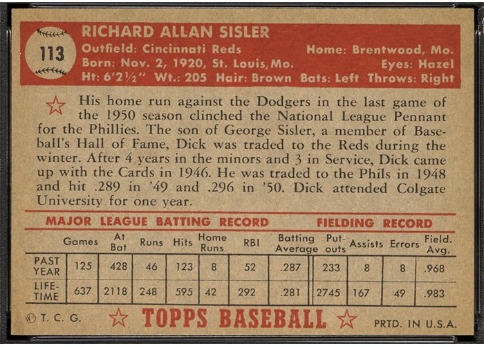 1952 Topps #113 Dick Sisler (back)