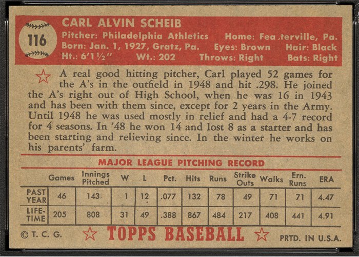 1952 Topps #116 Carl Scheib (back)