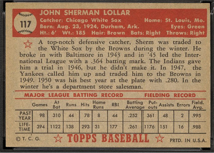 1952 Topps #117 Sherm Lollar (back)