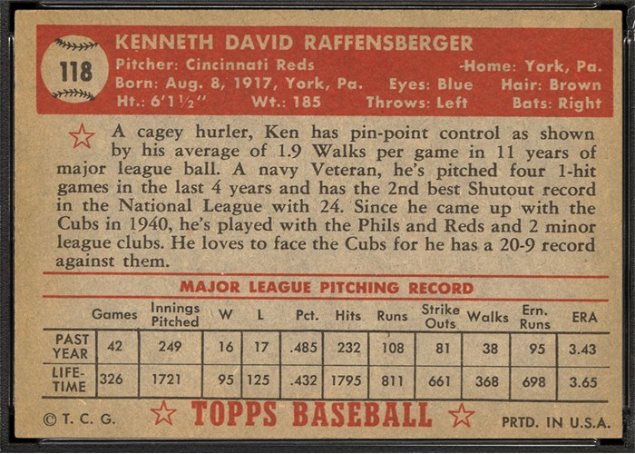 1952 Topps #118 Ken Raffensberger (back)