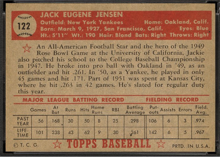 1952 Topps #122 Jack Jensen (back)