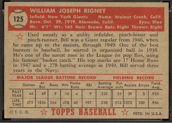 1952 Topps #125 Bill Rigney (back)