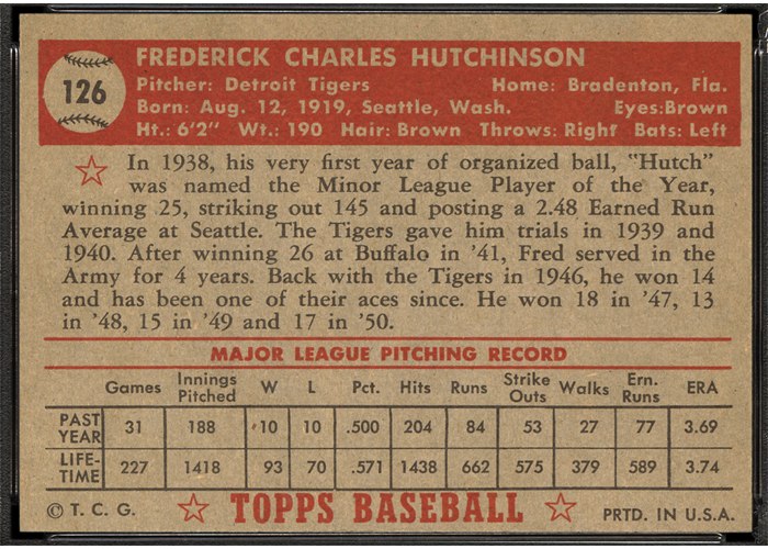 1952 Topps #126 Fred Hutchinson (back)
