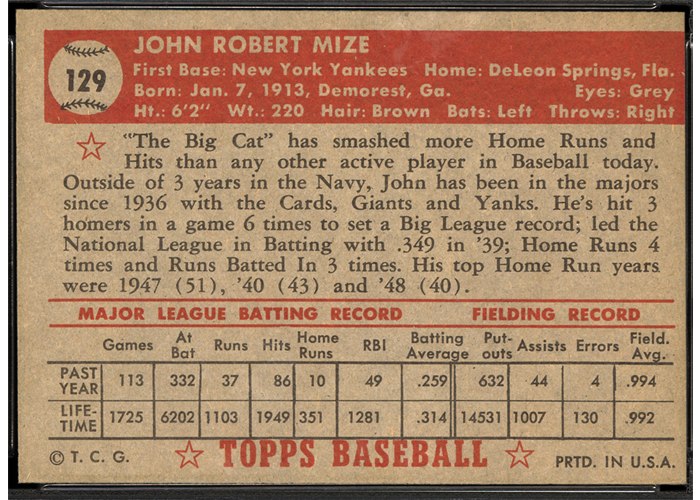 1952 Topps #129 Johnny Mize (back)