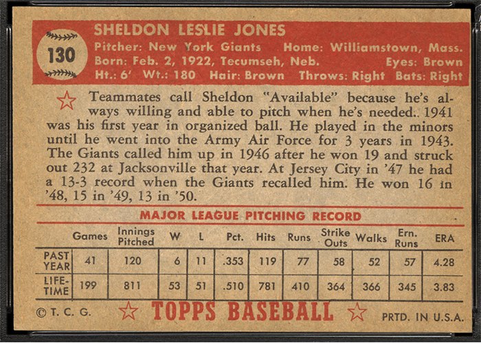 1952 Topps #130 Sheldon Jones (back)