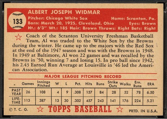 1952 Topps #133 Al Widmar (back)