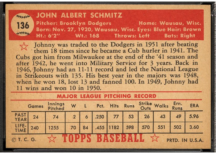 1952 Topps #136 Johnny Schmitz (back)