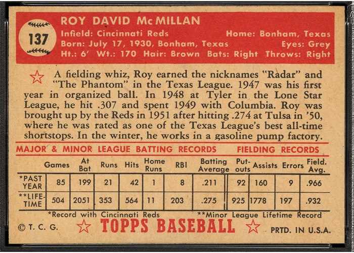 1952 Topps #137 Roy McMillan (back)
