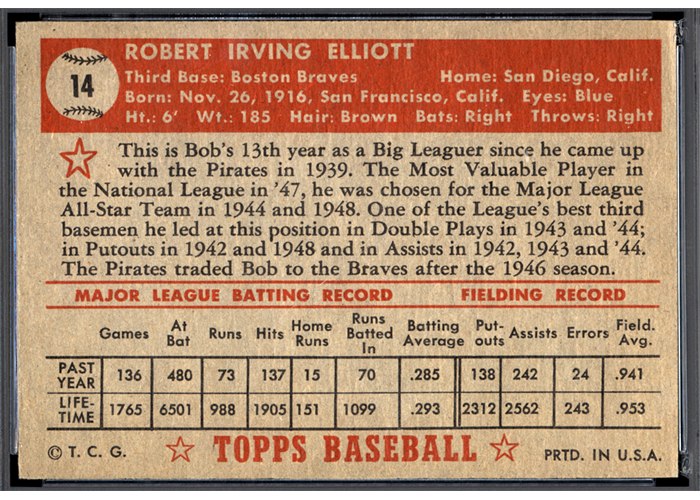 1952 Topps #14 Bob Elliott (back)