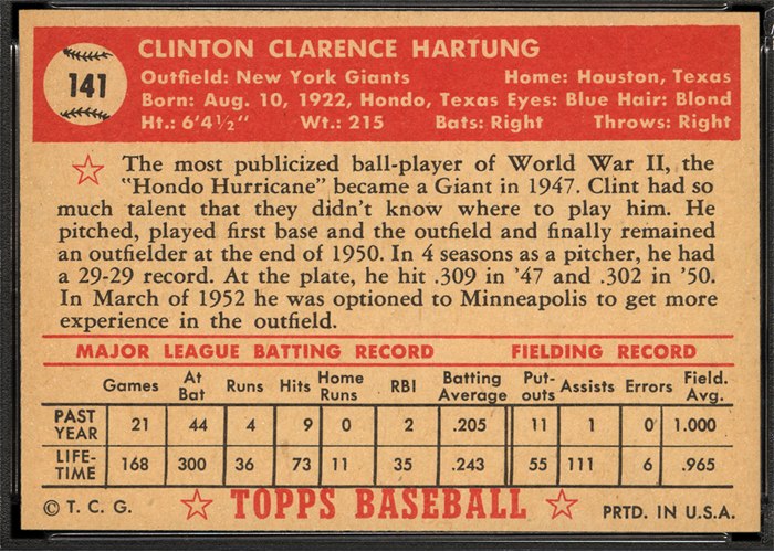1952 Topps #141 Clint Hartung (back)