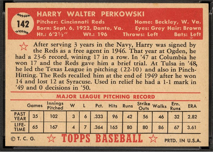 1952 Topps #142 Harry Perkowski (back)