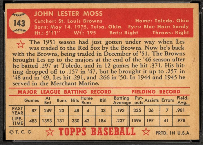 1952 Topps #143 Les Moss (back)