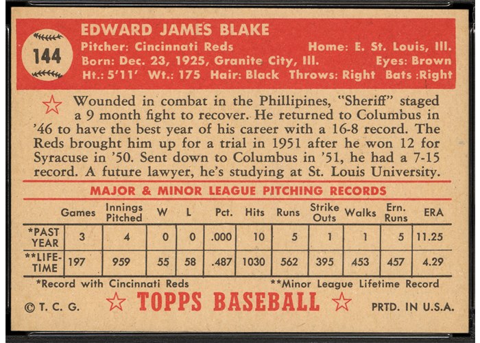 1952 Topps #144 Ed Blake (back)