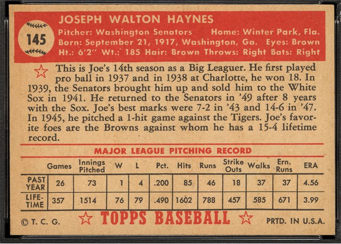 1952 Topps #145 Joe Haynes (back)