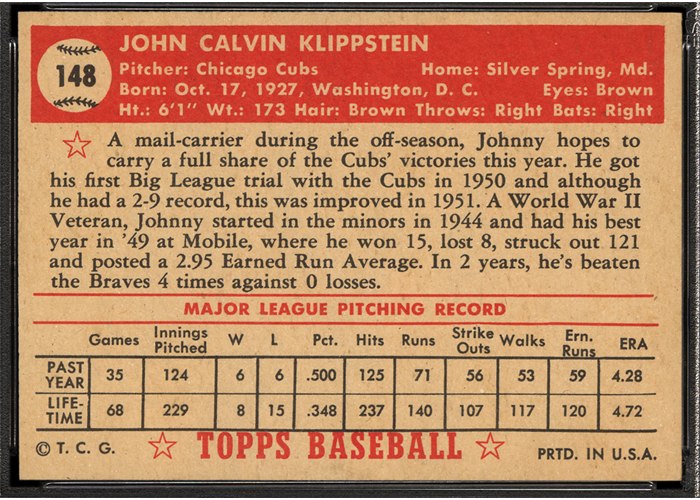 1952 Topps #148 Johnny Klippstein (back)
