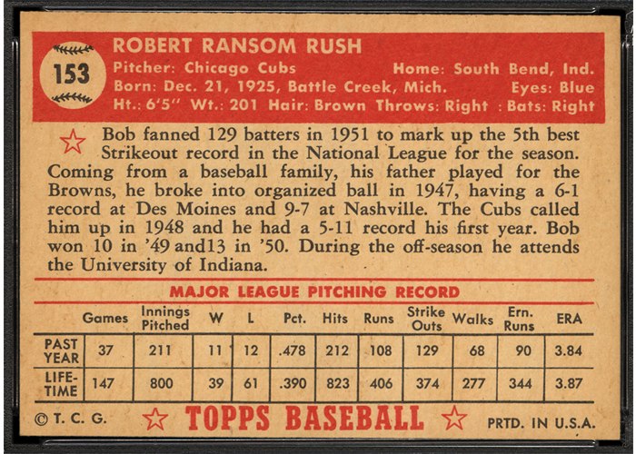 1952 Topps #153 Bob Rush (back)