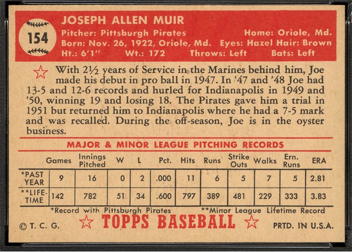 1952 Topps #154 Joe Muir (back)